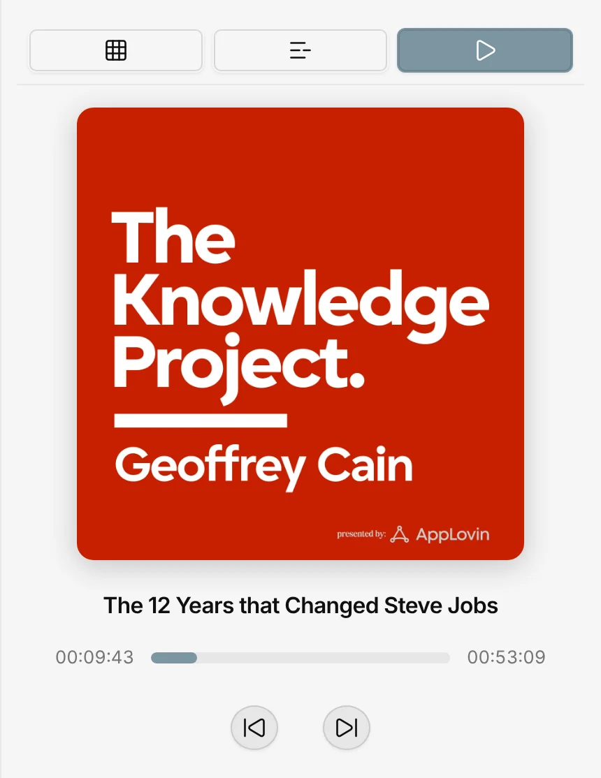 The player with episode artwork, the episode title, the progress bar, and the skip buttons